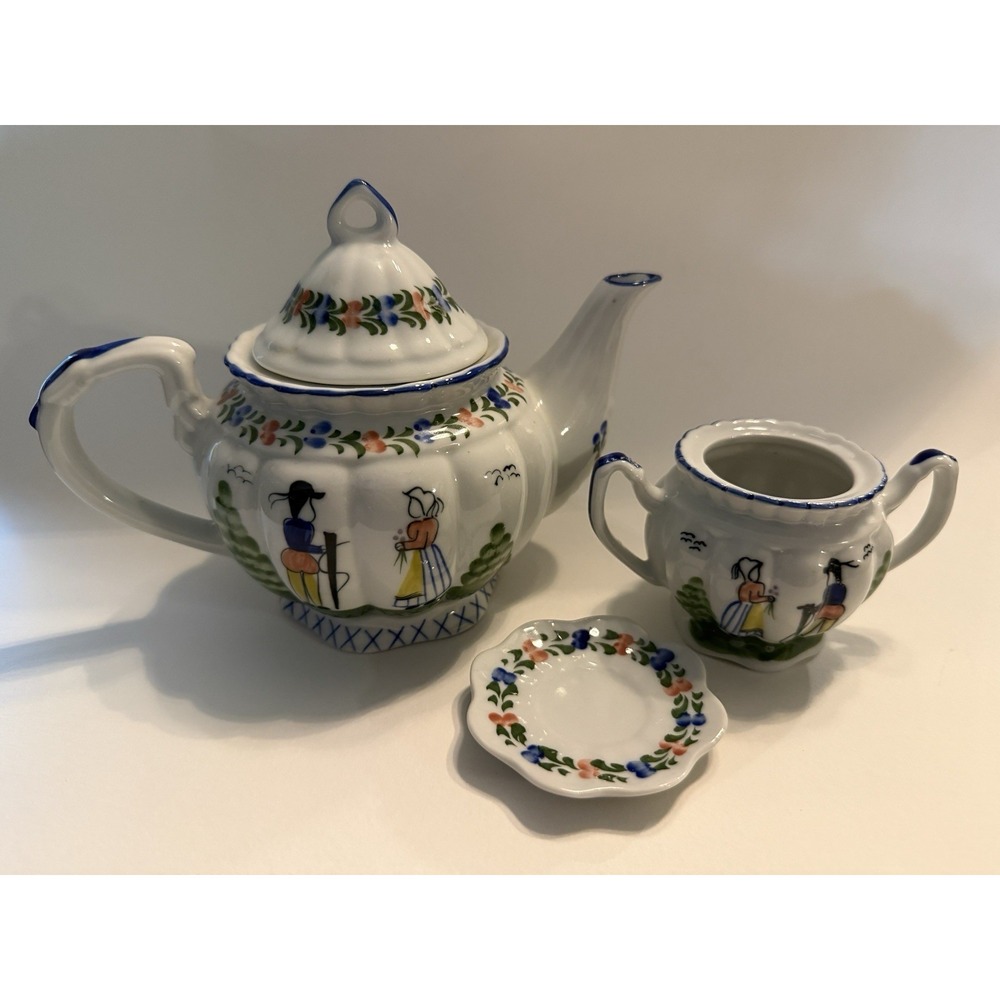 Hand Painted Quimper Style Folk Art Childs Decorative Piece Tea Set Dutch 3 Pcs